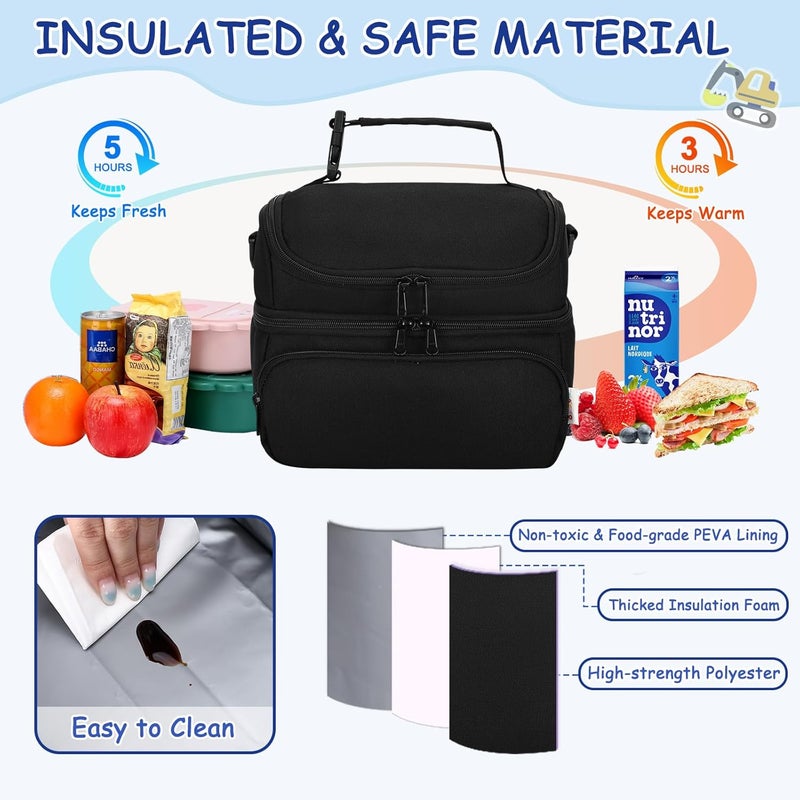 Kasqo Lunch Bag Kids, Dual Compartment Insulated Cooler Bag 7.5L Girls Boys Toddler Lunch Box Containers for Daycare School Kindergarten Travel Black - Image 4